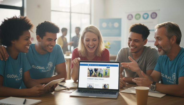 Pessoas colaborando em computador com site WordPress de ONG