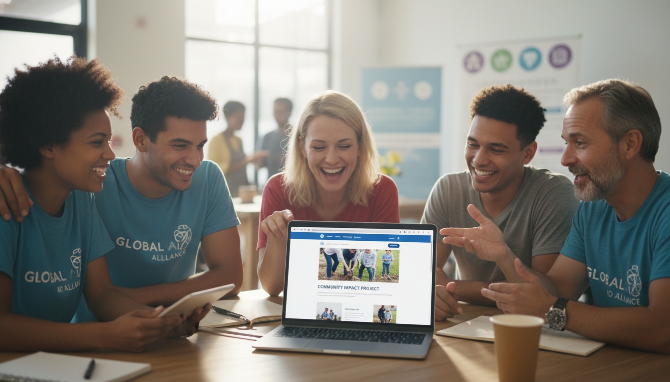 Pessoas colaborando em computador com site WordPress de ONG