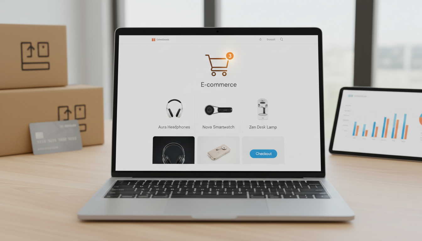 Tela de laptop mostrando uma loja online WooCommerce, com produtos no carrinho e elementos de e-commerce ao redor, representando o sucesso em vendas.