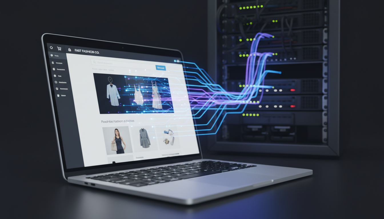 Diagrama de arquitetura WooCommerce Headless com laptop e servidores
