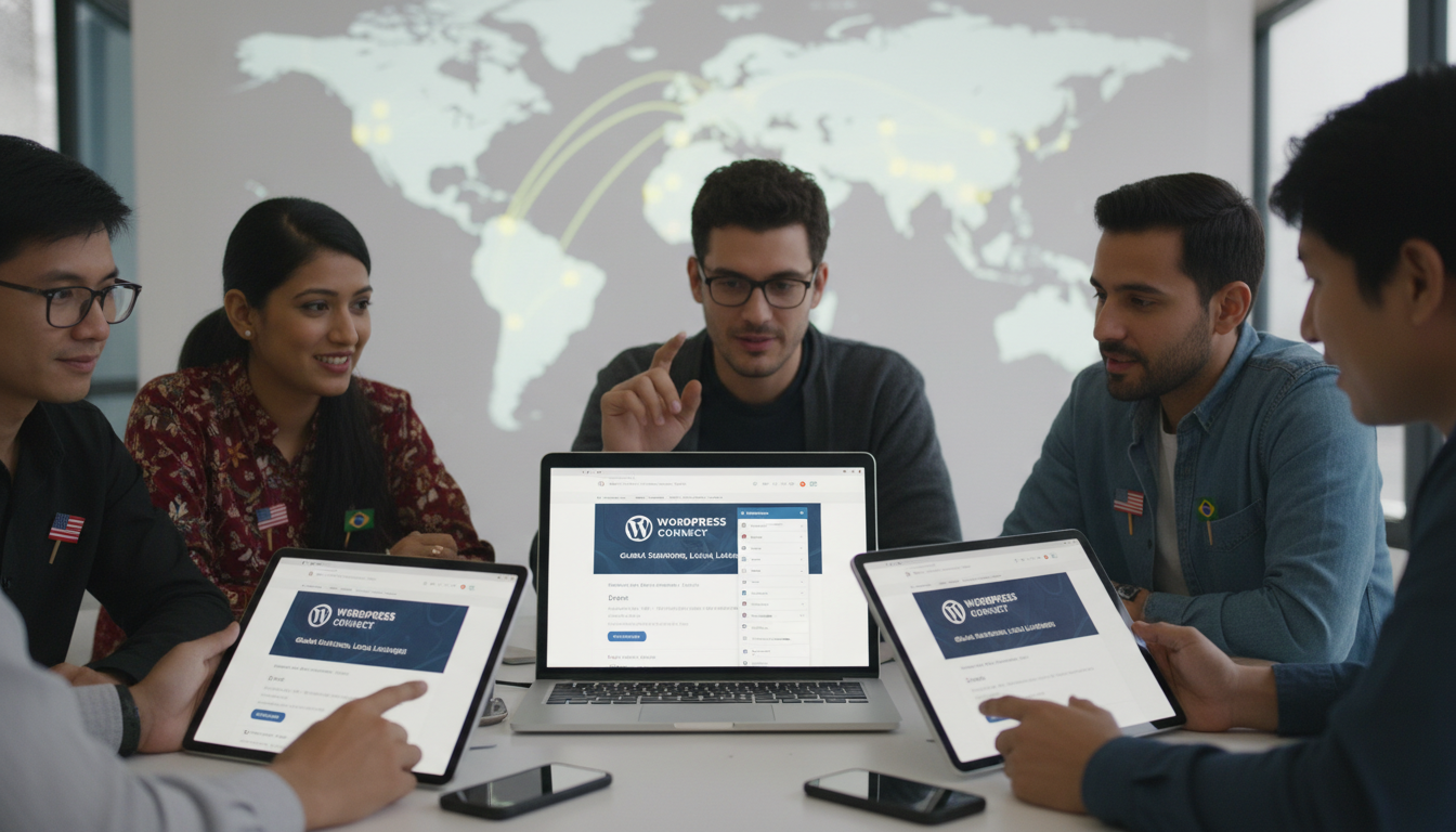 Pessoas de diferentes nacionalidades acessando um site WordPress em suas línguas nativas, com ícones de bandeiras e globos
