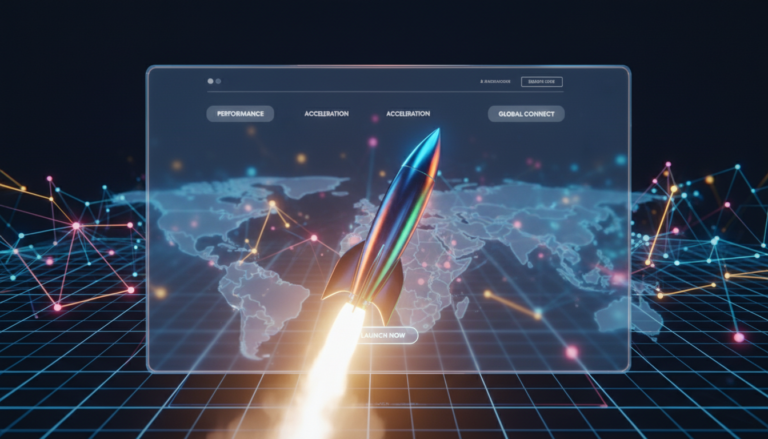Foguete decolando de um monitor, simbolizando o WP Rocket acelerando um site WordPress para melhorar a UX.