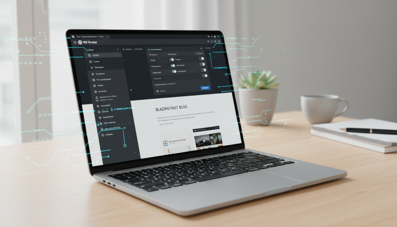 Interface do WP Rocket em um laptop, otimizando um tema WordPress rápido
