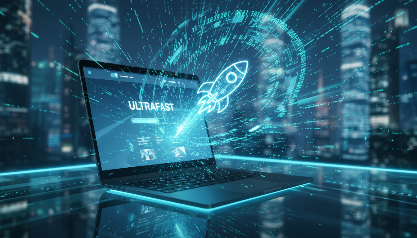 Laptop com site rápido e ícone do WP Rocket, simbolizando o pré-carregamento de cache para otimização de velocidade.