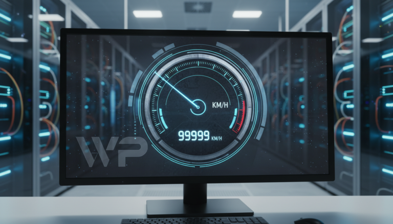 Velocímetro digital em tela de computador com logo WordPress, indicando alta velocidade de site com plugins de cache