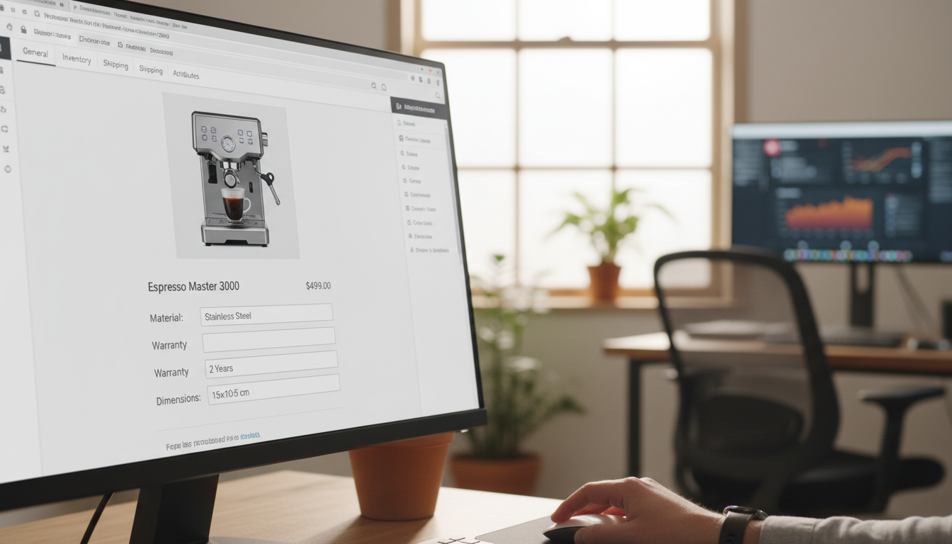 Painel WooCommerce com campos personalizados de produto sendo editados
