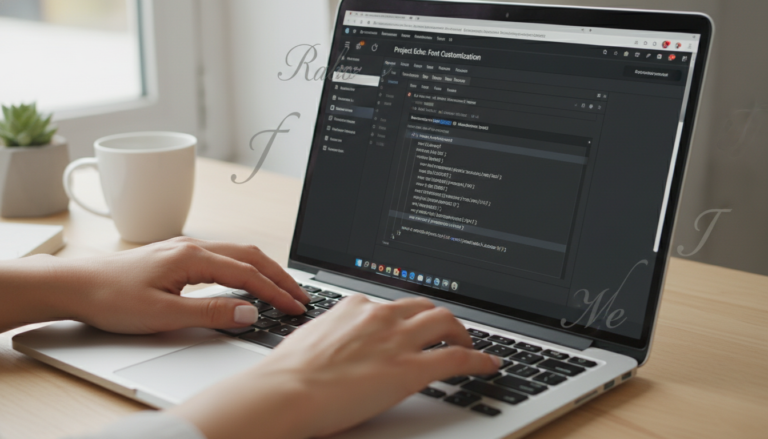 Mãos digitando código para adicionar fontes personalizadas com snippets no WordPress, tela mostrando CSS e PHP