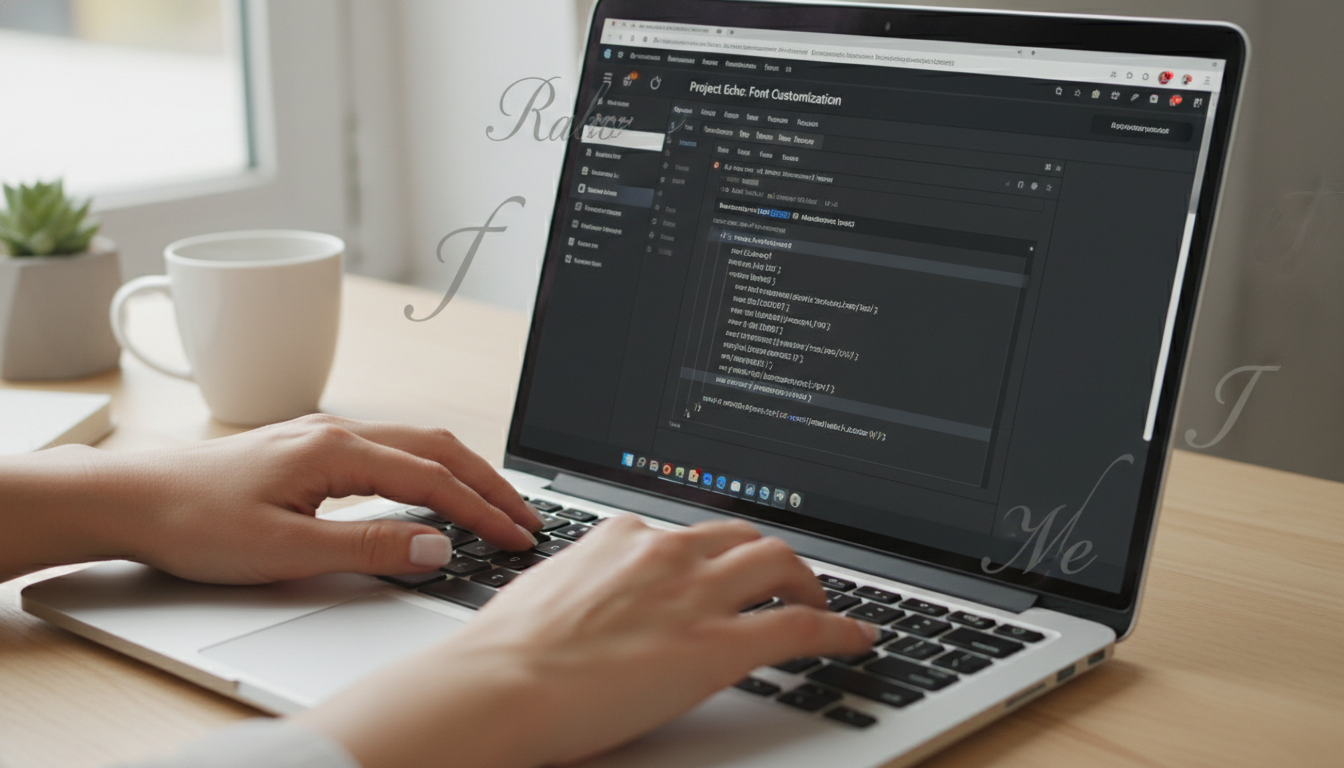 Mãos digitando código para adicionar fontes personalizadas com snippets no WordPress, tela mostrando CSS e PHP
