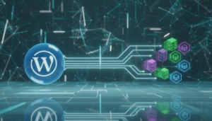 Ilustração digital mostrando o logotipo do WordPress conectado a vários blocos de microserviços, simbolizando uma arquitetura de sistema distribuído e escalável.