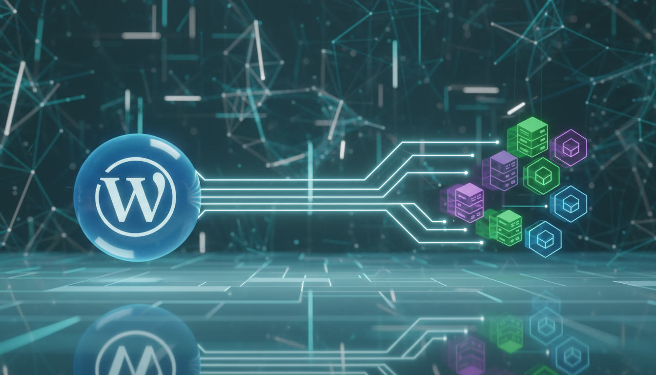 Ilustração digital mostrando o logotipo do WordPress conectado a vários blocos de microserviços, simbolizando uma arquitetura de sistema distribuído e escalável.