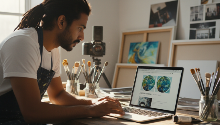 Artista usando WordPress para criar portfólio online de arte, exibindo pinturas digitais e fotografias