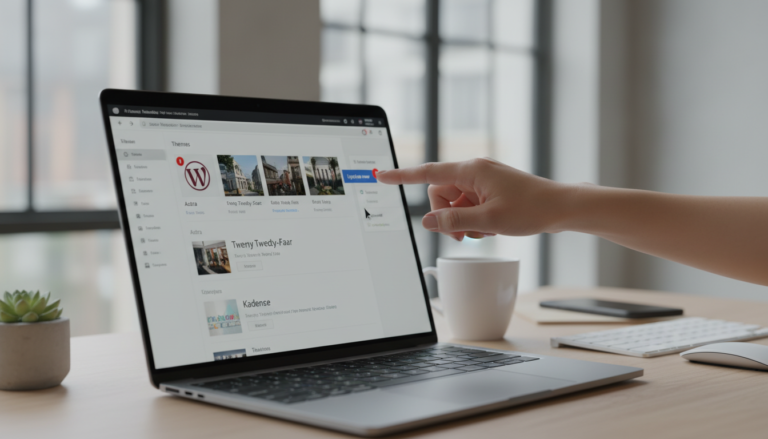 Painel WordPress com atualização de tema, mão clicando, segurança digital e otimização de site.