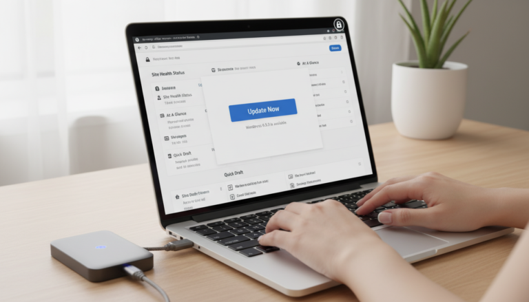 Mãos clicando para atualizar o WordPress de forma segura no painel de administração