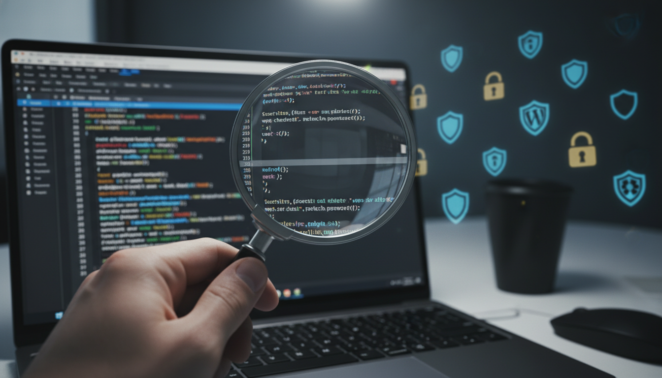 Especialista analisando código de tema WordPress com lupa para auditoria de segurança e qualidade