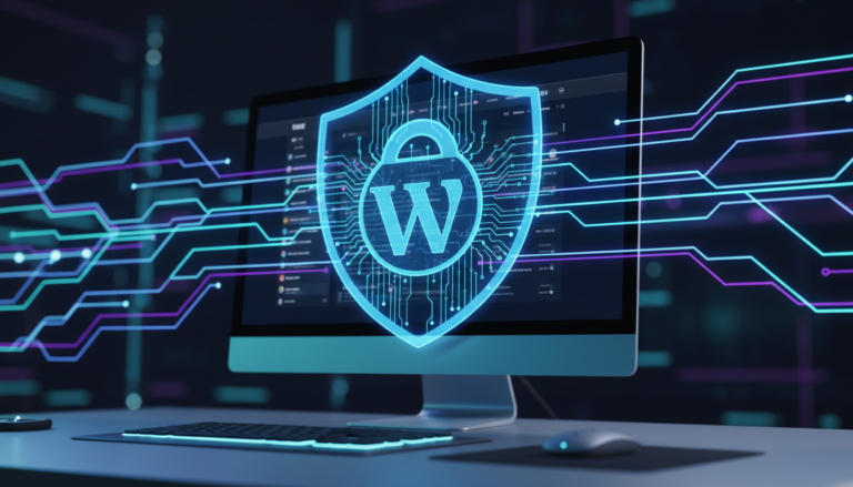 Escudo digital protegendo o logo do WordPress, representando a segurança de sites