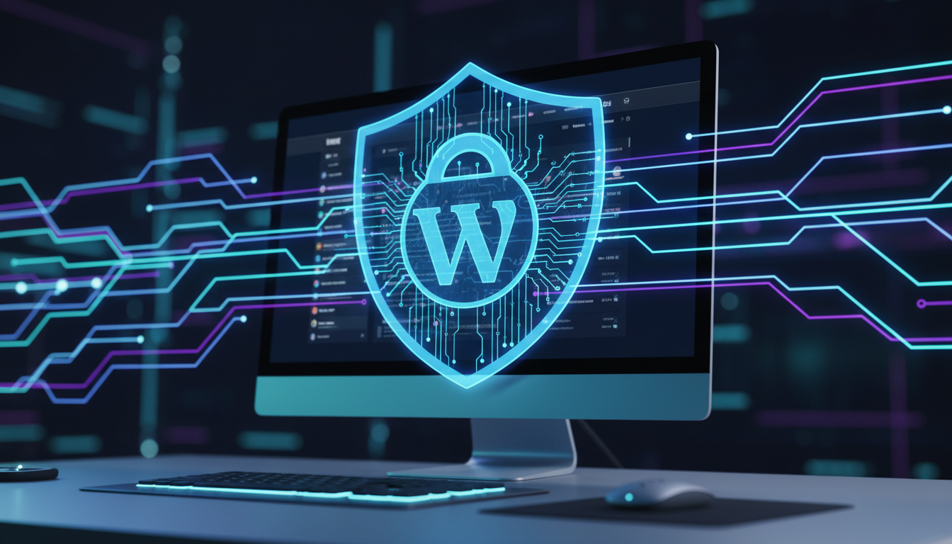 Escudo digital protegendo o logo do WordPress, representando a segurança de sites