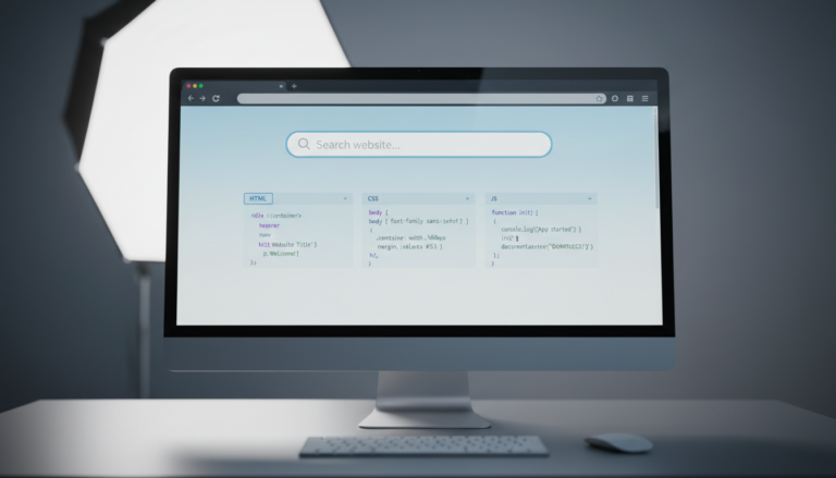 Interface de site com campo de busca personalizado e código fonte