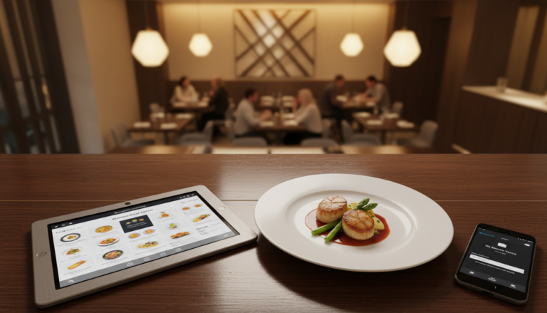 Tablet com cardápio digital de restaurante e smartphone com reserva online em mesa elegante