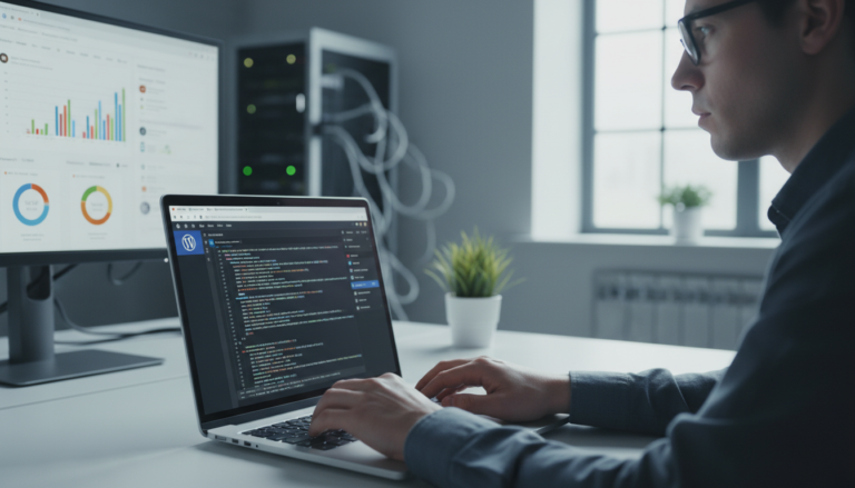 Mulher programando JavaScript em WordPress com snippets para segurança