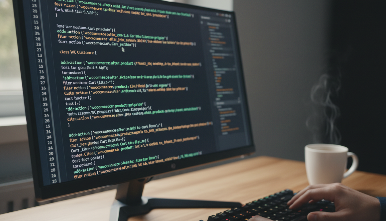 Snippets de código PHP personalizando WooCommerce em tela de computador
