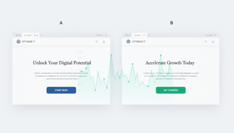 Teste A/B em WordPress mostrando duas versões de página com botões e textos diferentes, com gráficos de análise de dados ao fundo.