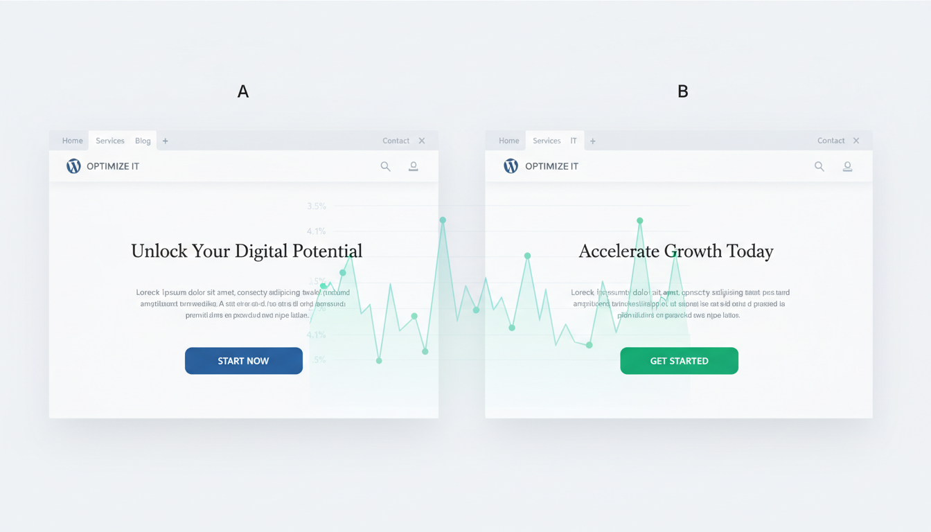 Teste A/B em WordPress mostrando duas versões de página com botões e textos diferentes, com gráficos de análise de dados ao fundo.