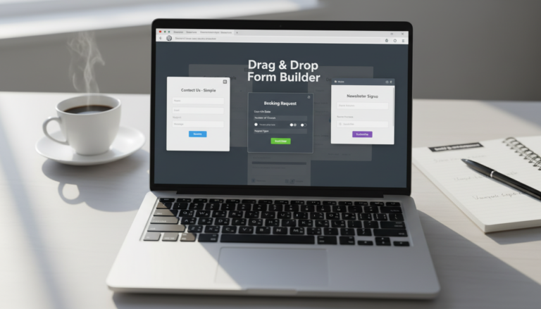 Interface de formulários de contato WordPress em laptop, comparando WPForms, Gravity Forms, Contact Form 7