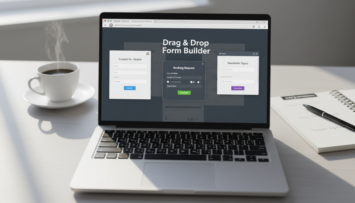Interface de formulários de contato WordPress em laptop, comparando WPForms, Gravity Forms, Contact Form 7