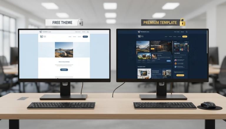 Comparação visual de temas WordPress gratuitos e pagos em telas de computador, destacando as diferenças de design e funcionalidade.