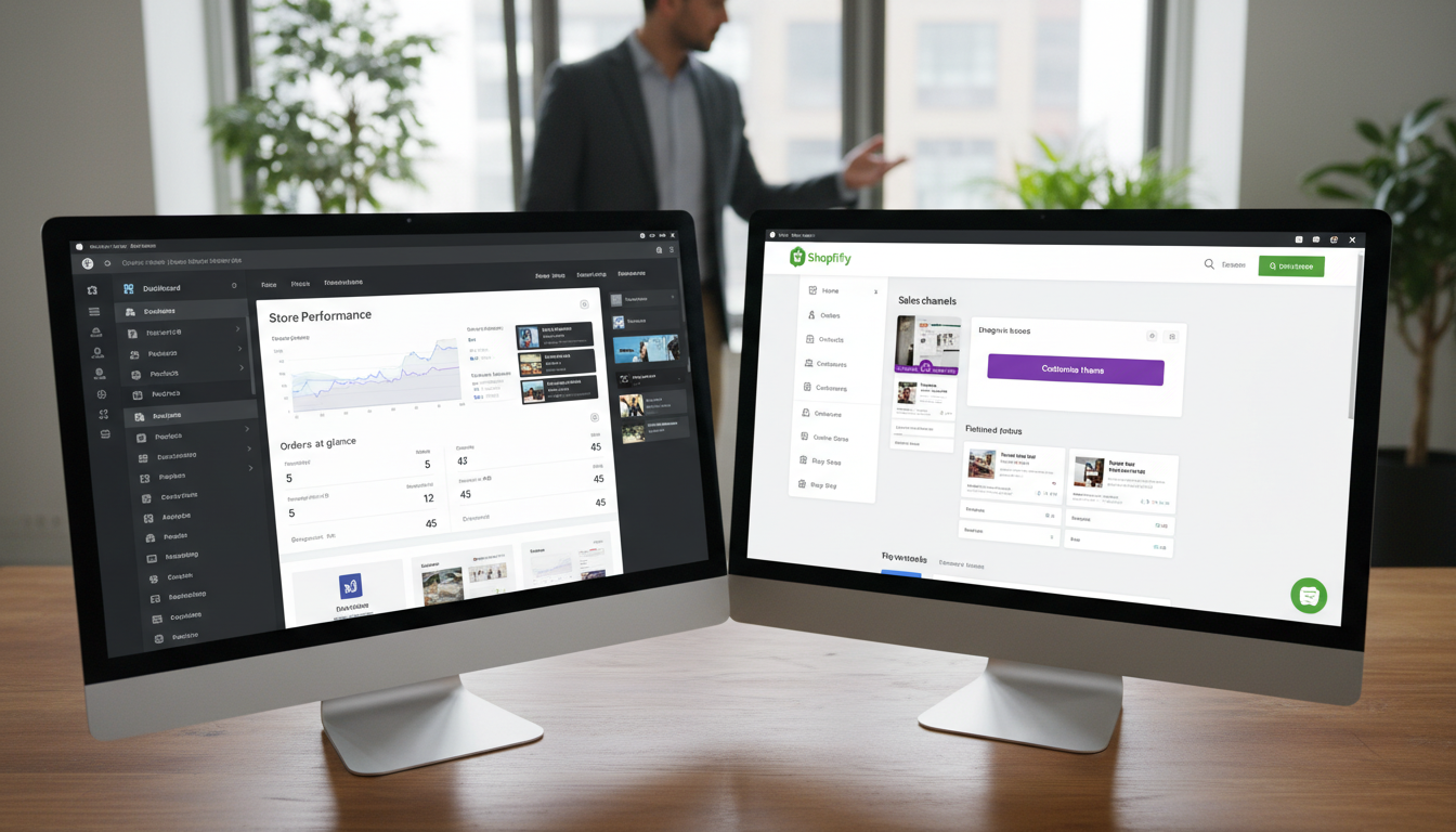 WooCommerce vs. Shopify dashboards em telas de computador, dilema de escolha para e-commerce