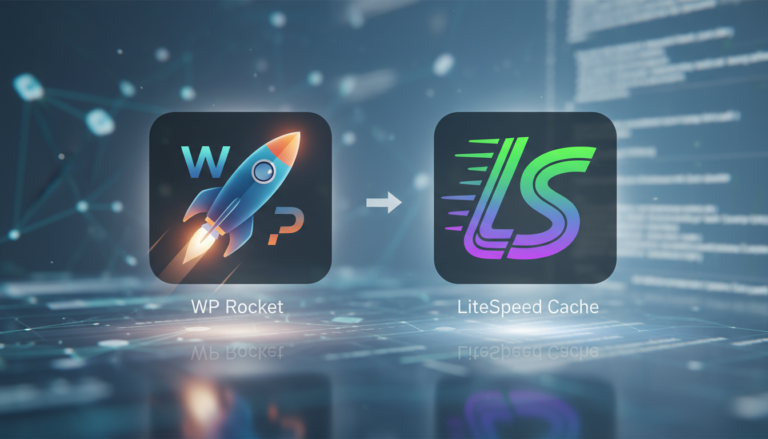 Ícones de WP Rocket e LiteSpeed Cache comparados, simbolizando a batalha pela velocidade de site.