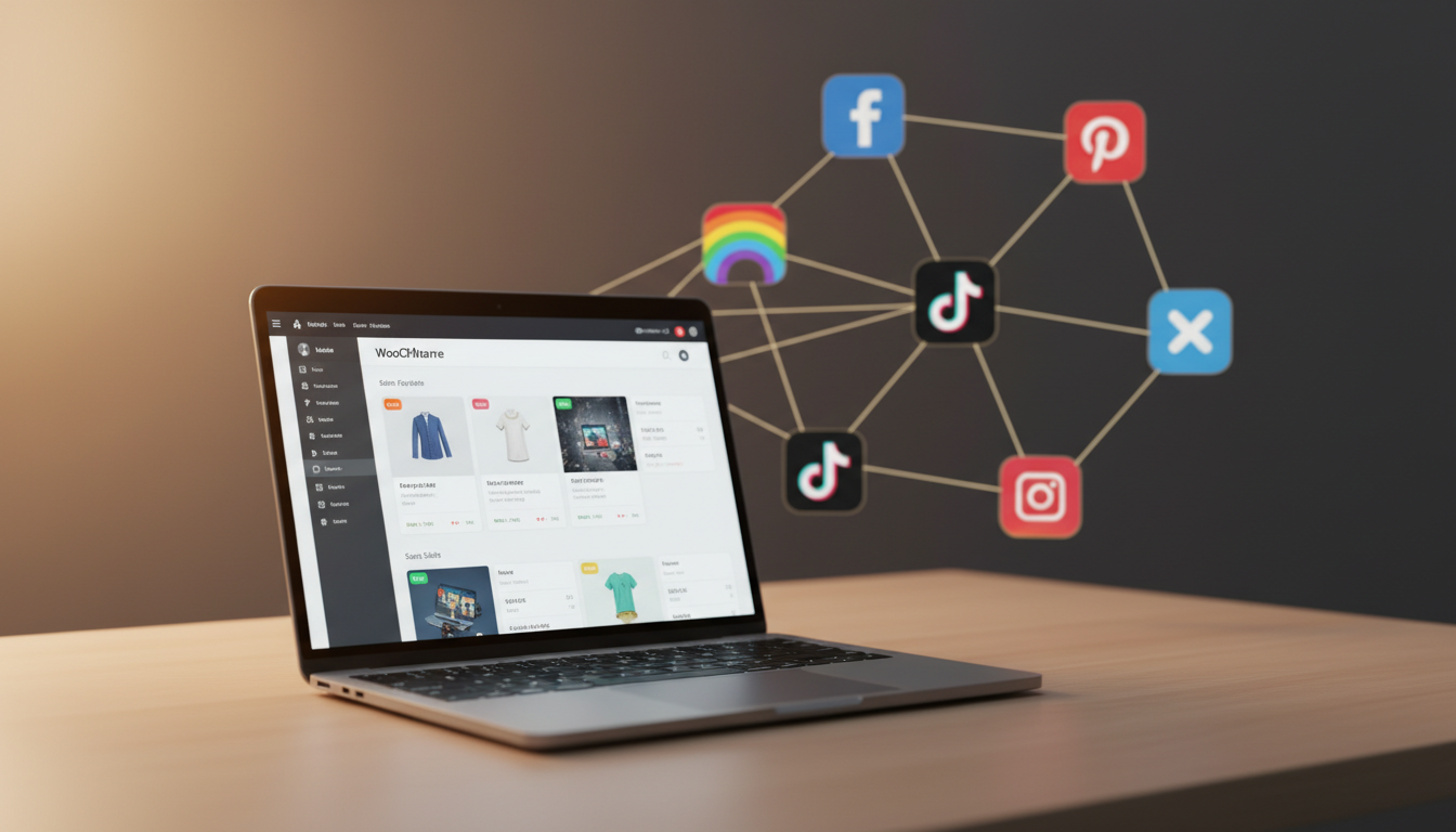 Dashboard WooCommerce conectado a ícones de redes sociais como Facebook, Instagram, Pinterest e Twitter, representando a integração para vender mais.