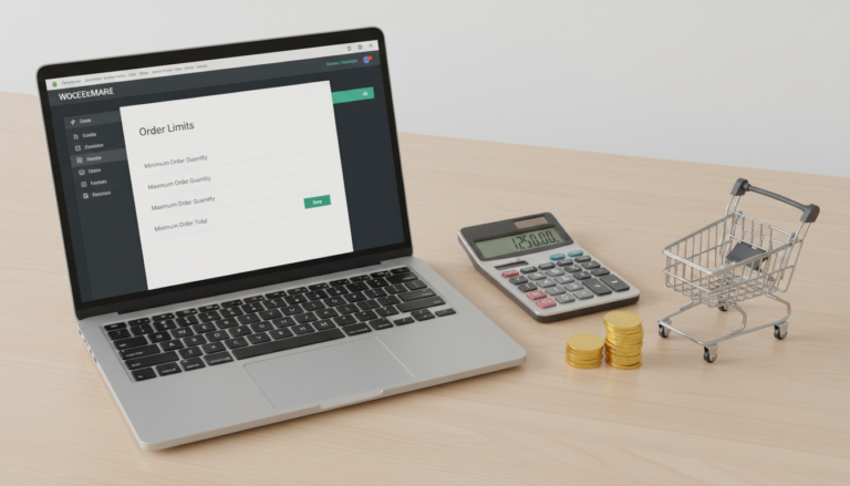 Tela de administração do WooCommerce 4.7.1 com configurações de limites de pedido mínimos e máximos para e-commerce.