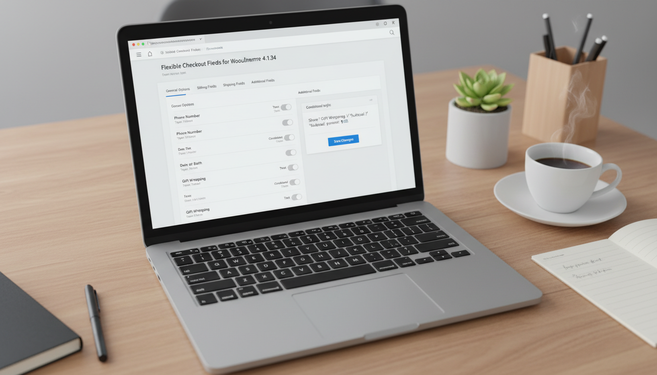 Interface do Flexible Checkout Fields for WooCommerce 4.1.34 em um laptop, mostrando opções de personalização de campos de checkout