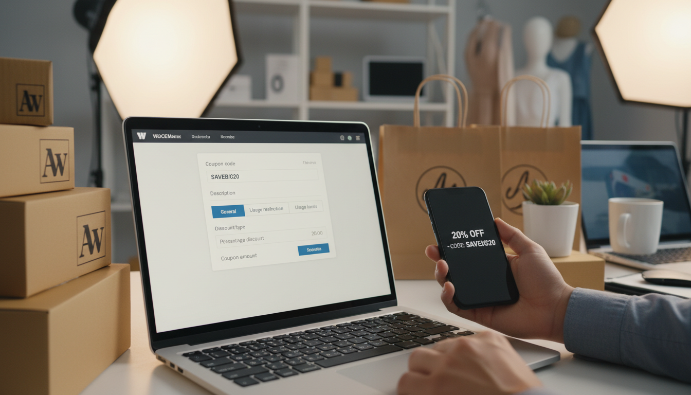 Tela do WooCommerce com opções para criar cupons de desconto e uma mão segurando um cartão de crédito