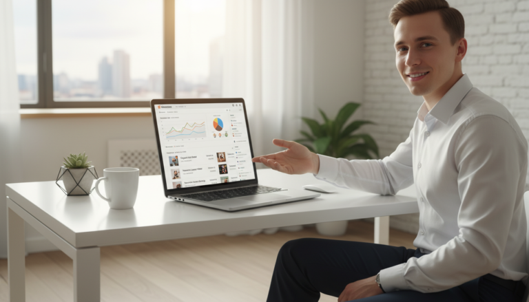 Profissional usando WooCommerce para vender serviços online, com gráficos de performance e lista de produtos na tela do laptop.