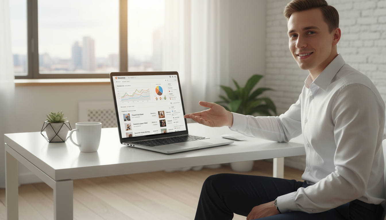 Profissional usando WooCommerce para vender serviços online, com gráficos de performance e lista de produtos na tela do laptop.
