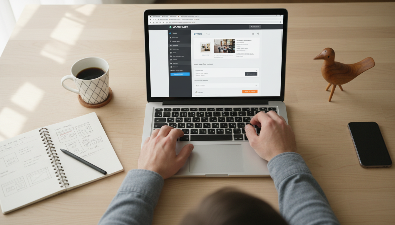 Mãos digitando em laptop com WooCommerce na tela, criando loja online