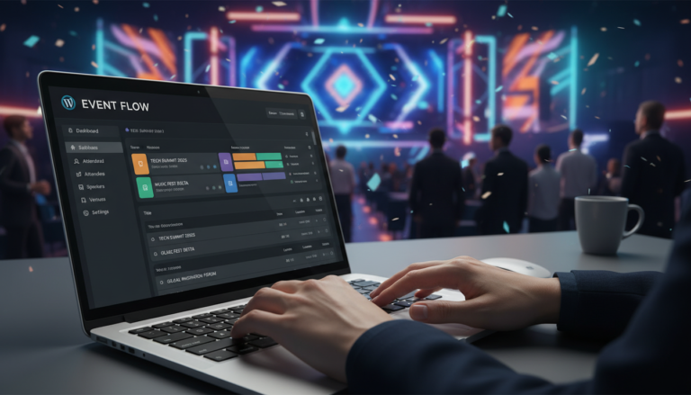 Mãos digitando em laptop com WordPress aberto, criando um site de eventos