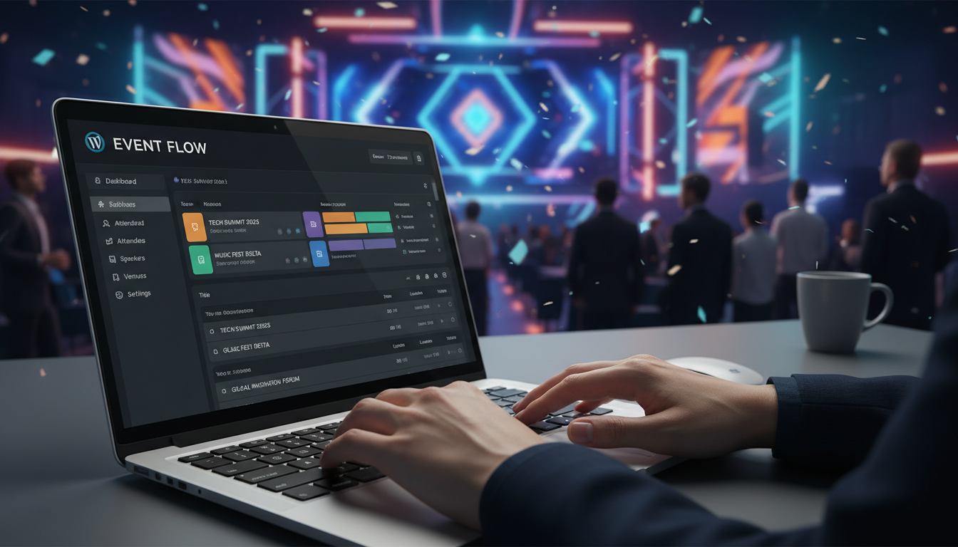 Mãos digitando em laptop com WordPress aberto, criando um site de eventos