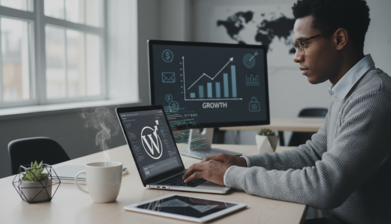 Pessoa trabalhando em laptop com WordPress, construindo site de afiliados e otimizando para sucesso digital.