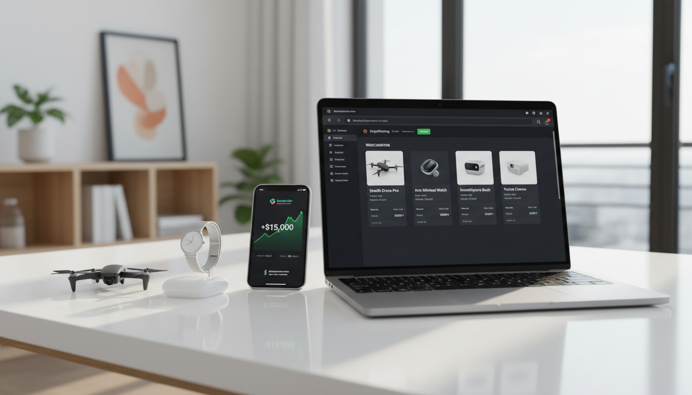 Painel do WooCommerce para dropshipping em um laptop, com produtos diversos e gráficos de vendas em um smartphone.