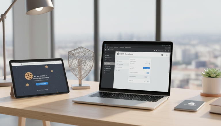 Dashboard WordPress com configurações GDPR, tablet exibindo banner de cookies, simbolizando conformidade e privacidade.