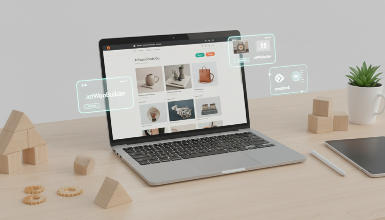 Interface de design de loja virtual com Elementor, JetWooBuilder e Crocoblock para e-commerce