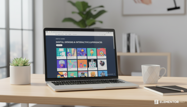 Laptop exibindo um portfólio online profissional criado com Elementor PRO, com elementos de design e criatividade ao redor.