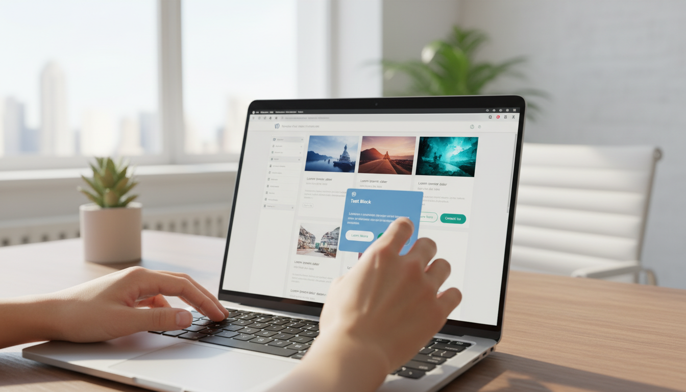Interface de construtor de páginas WordPress em laptop com mãos digitando