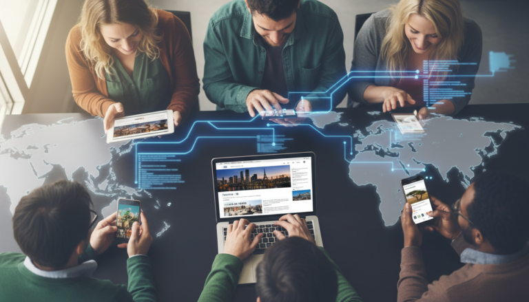Pessoas de diferentes países interagindo com conteúdo personalizado em seus dispositivos, habilitado por plugins de geolocalização para WordPress