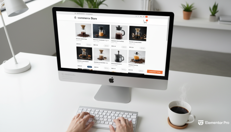Interface Elementor PRO e WooCommerce em tela de computador, loja virtual profissional, e-commerce de sucesso