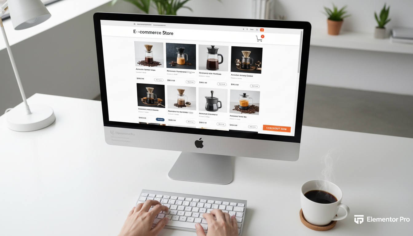 Interface Elementor PRO e WooCommerce em tela de computador, loja virtual profissional, e-commerce de sucesso