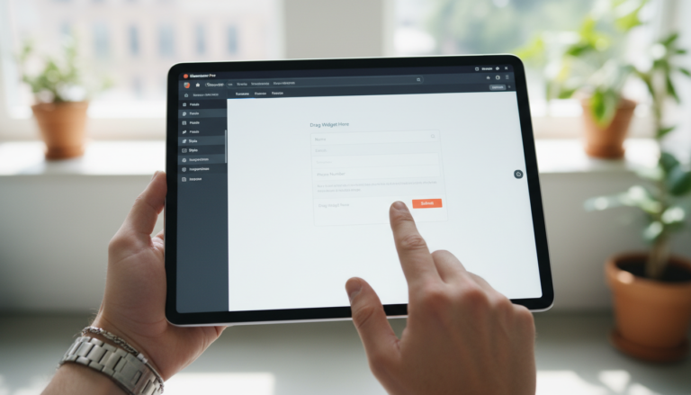 Mão usando tablet com Elementor PRO para criar formulário profissional